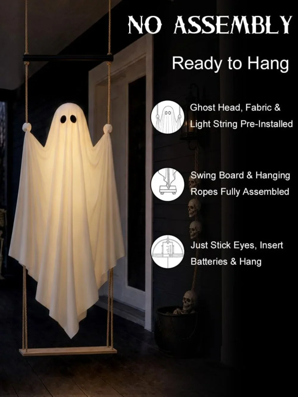 Spooky 3.7FT Pre-Assembled Hanging Ghost for Outdoor Halloween Decor